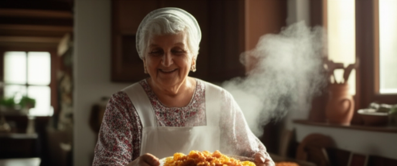 Abuela caucásica sirviendo con cuidado un plato de Cavatelli con Salsa de Cerdo en una cocina tradicional italiana iluminada por el sol, con vapor saliendo del plato.