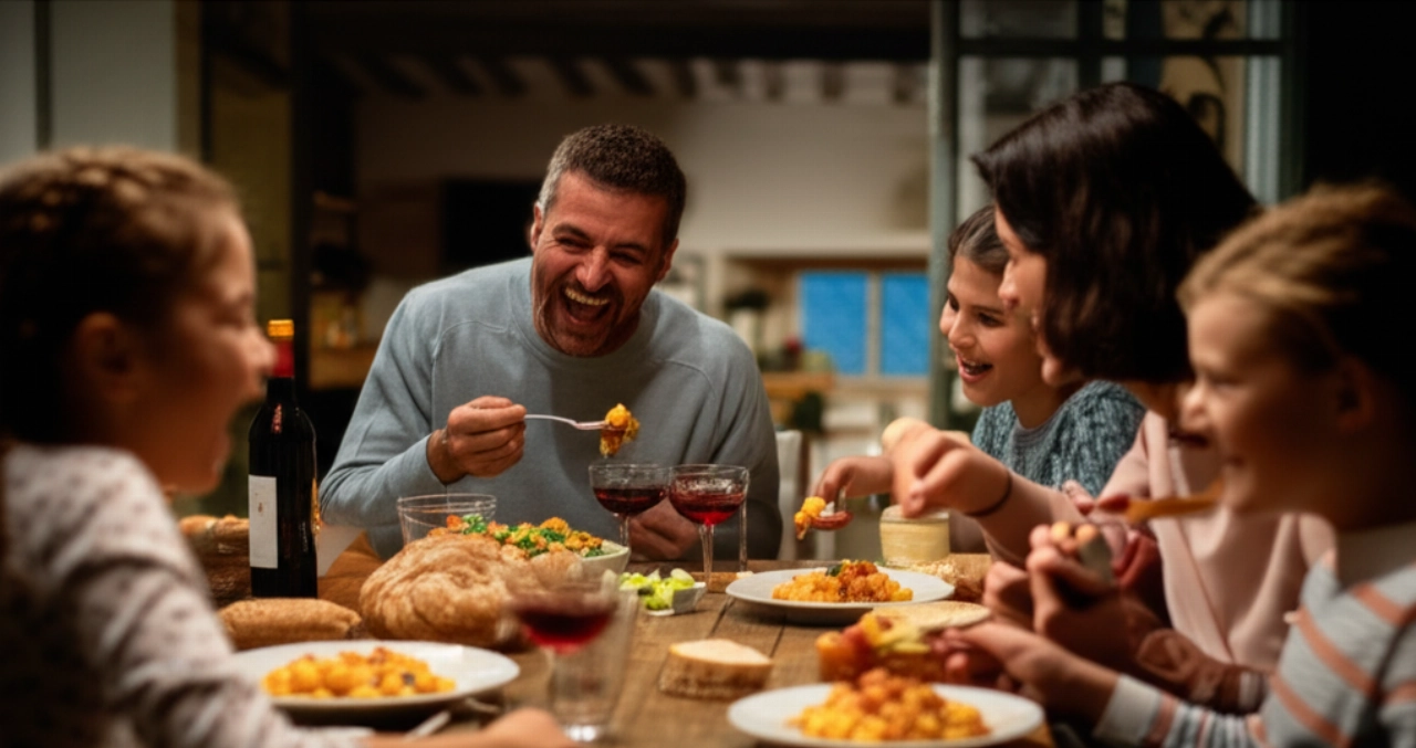 Familia caucásica riendo y compartiendo una cena, disfrutando platos de Cavatelli con Salsa de Cerdo alrededor de una mesa de madera rústica en un ambiente acogedor.