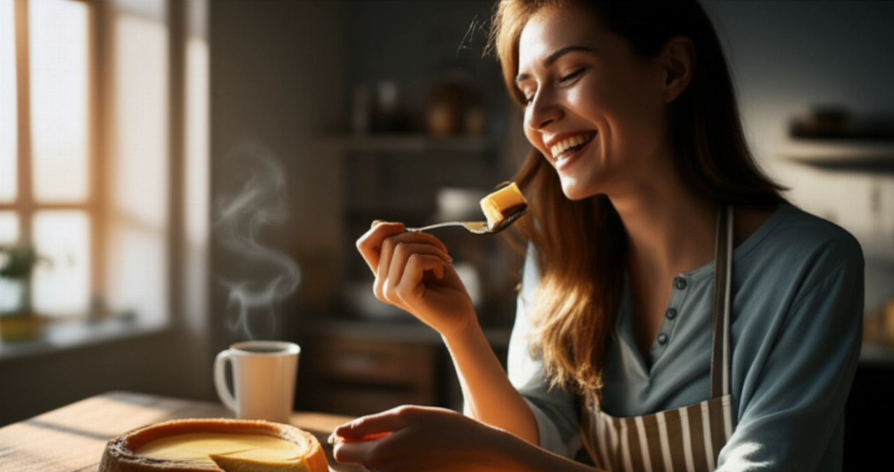 Una donna caucasica sorridente gusta una fetta di cheesecake fatta in casa in una cucina accogliente e illuminata dal sole.