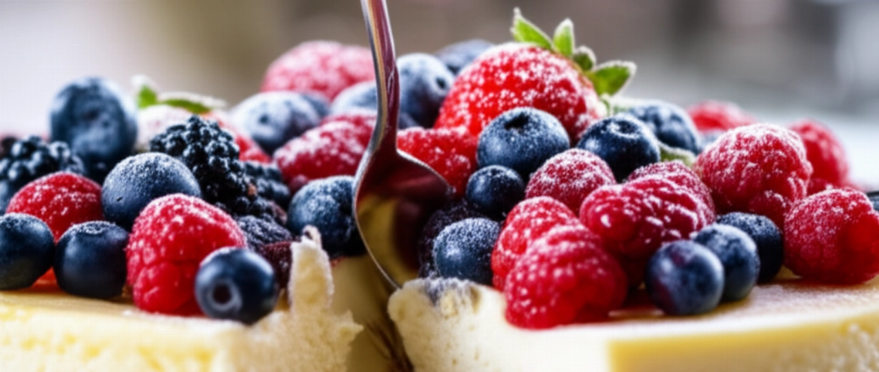 Primo piano iperrealistico di una cheesecake cremosa con frutti di bosco freschi, mentre un cucchiaio ne taglia una fetta.