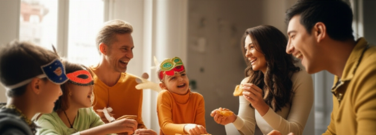 Familia caucásica riendo y compartiendo chiacchiere de Carnaval alrededor de una mesa festiva, con confeti y un ambiente alegre.