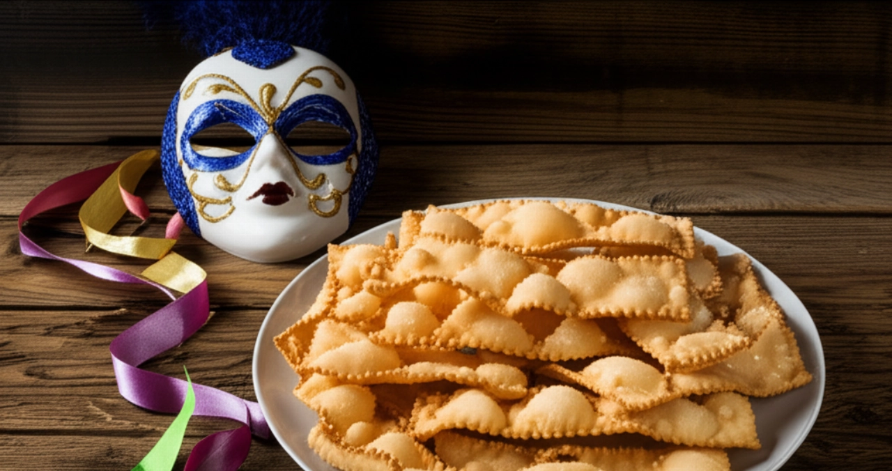 Bodegón hiperrealista con un plato de chiacchiere de Carnaval, una máscara veneciana tradicional y cintas de colores sobre una mesa de madera.