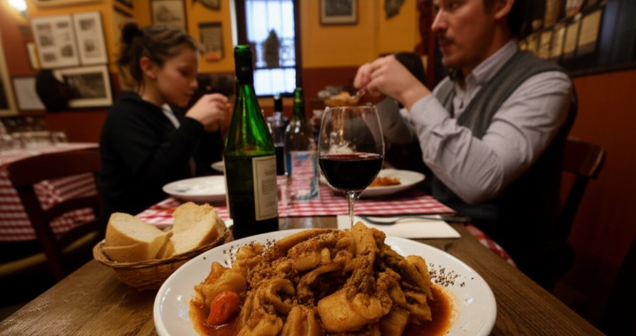 Una scena iperrealistica e grandangolare di una tavola apparecchiata in una tradizionale osteria romana, con un piatto di Coda alla Vaccinara in primo piano e due persone caucasiche che cenano in un'atmosfera calda e accogliente.