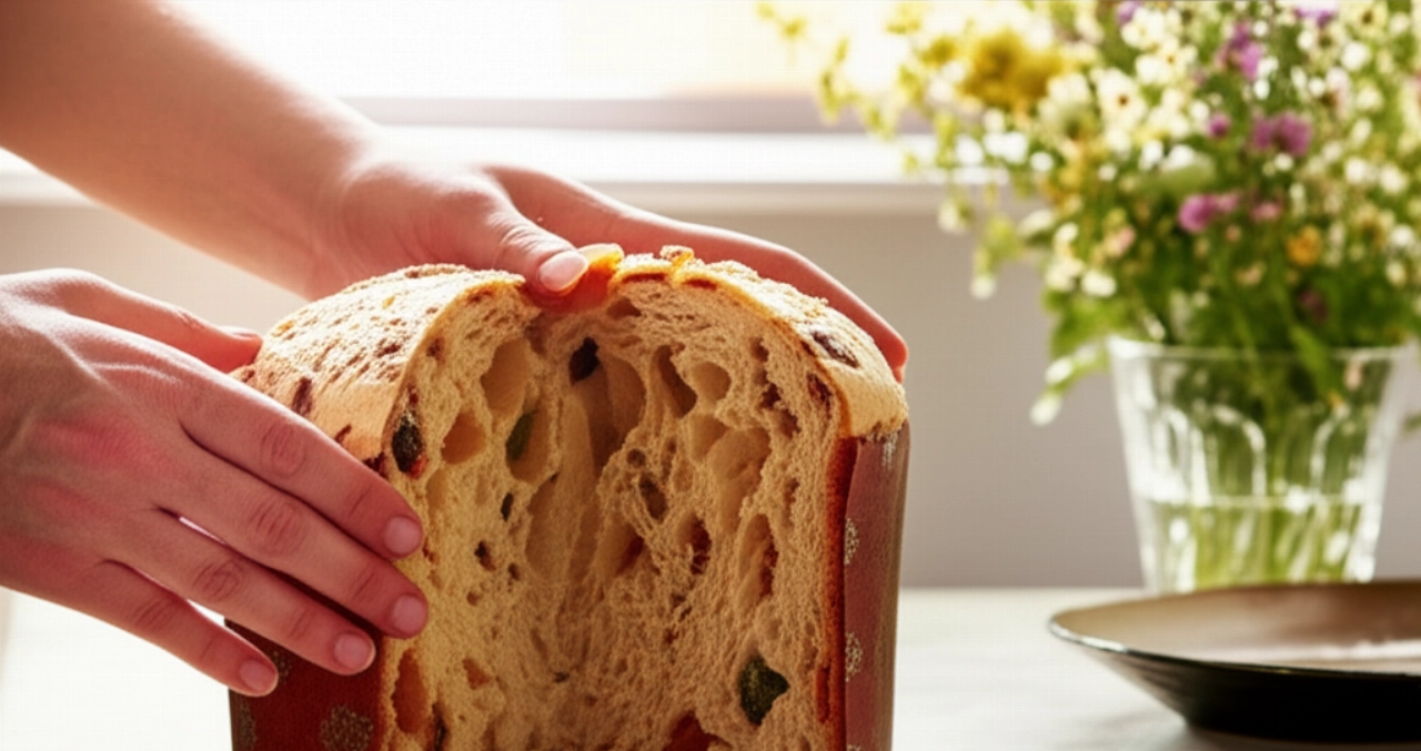 Kaukasische Hände nehmen ein Stück frisch geschnittene Colomba Pasquale, auf einem gedeckten Tisch mit warmem Licht.