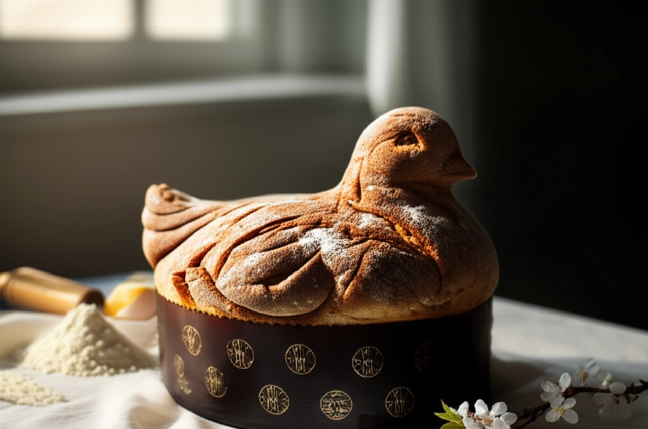 Hyperrealistische handwerkliche Colomba Pasquale auf einem weißen Tischtuch in der Nähe eines sonnenbeschienenen Fensters, mit Eiern und Mehl im Hintergrund.