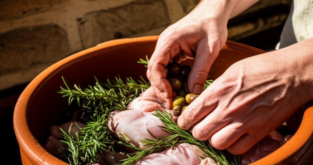 Manos caucásicas preparan Conejo a la Liguria en una cocina rústica ligur, añadiendo aceitunas Taggiasca y romero al conejo crudo en una olla de barro.