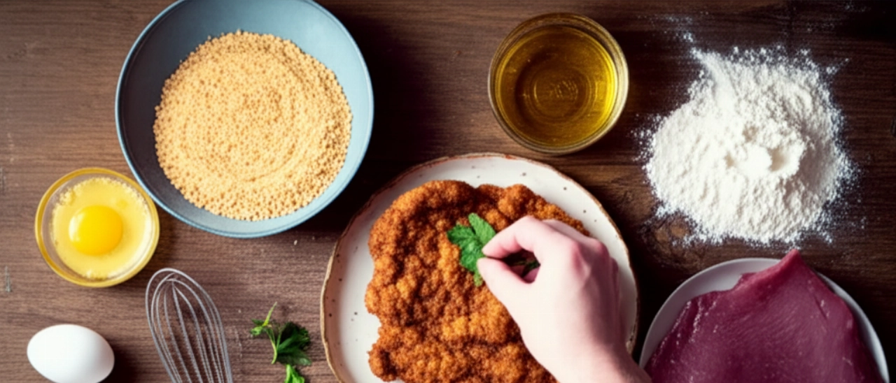 Ein Mailänder Schnitzel auf einem Holztisch, umgeben von frischen Zutaten wie rohem Kalbsschnitzel, Semmelbröseln und Eiern, mit der Hand eines Kochs, der den letzten Schliff hinzufügt, in einem hyperrealistischen Foto von oben.