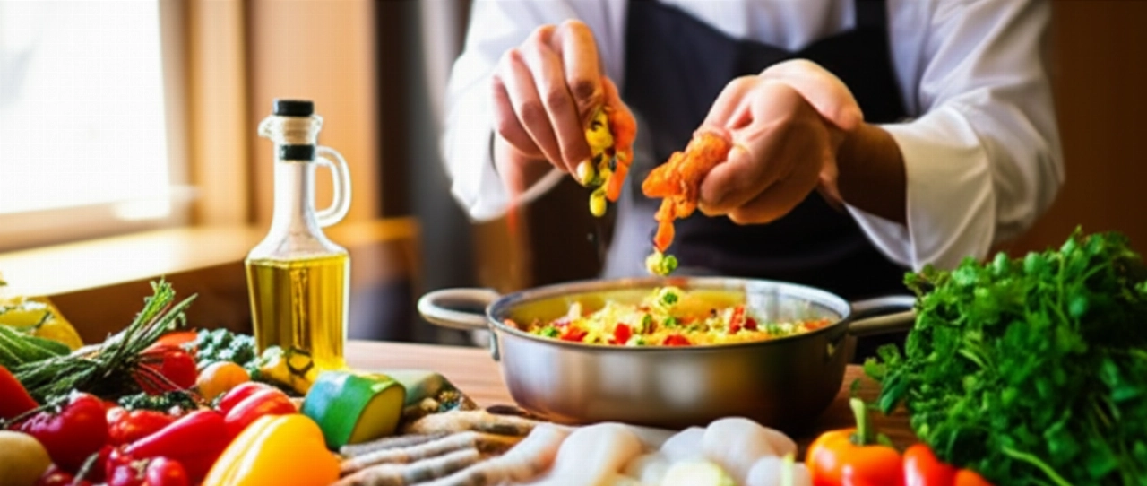 Крупный план свежих ингредиентов для рыбного кускуса, включая морепродукты, разноцветные овощи и ароматные травы, разложенные на деревянном столе.