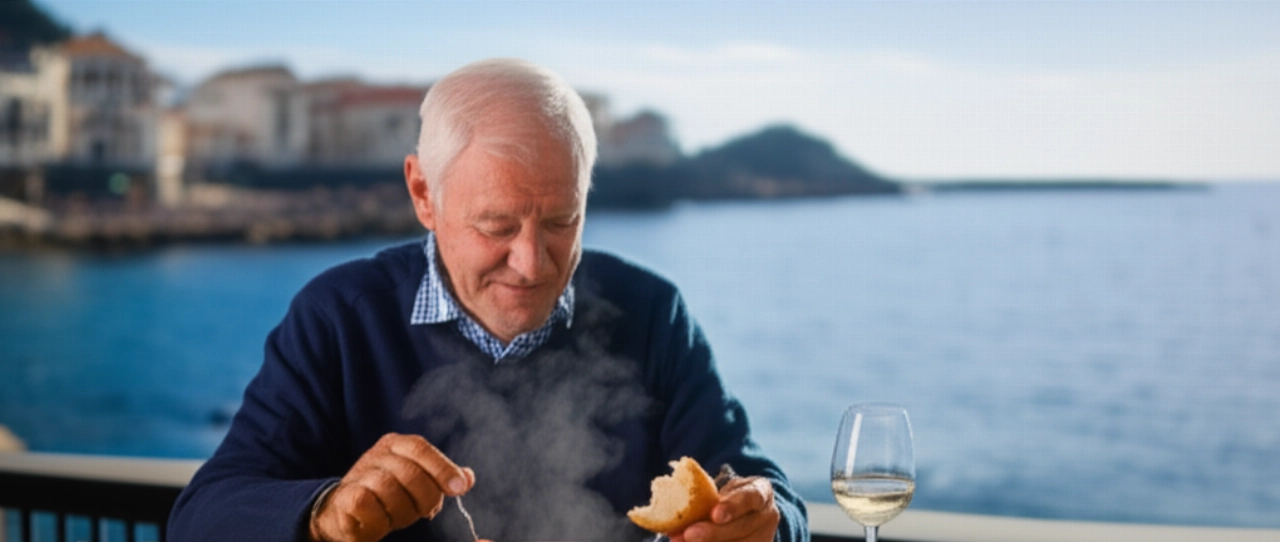 Scena iperrealistica di un anziano uomo caucasico che gusta cozze alla Tarantina in una trattoria tradizionale, con il mare e un borgo costiero sullo sfondo.