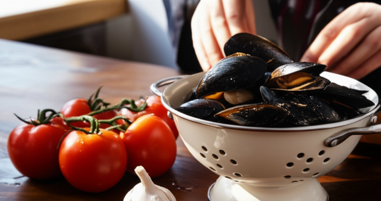 Immagine iperrealistica di ingredienti freschi per cozze alla Tarantina – cozze, pomodori, aglio, peperoncino – su un tavolo di legno, con mani caucasiche in procinto di iniziare la preparazione.