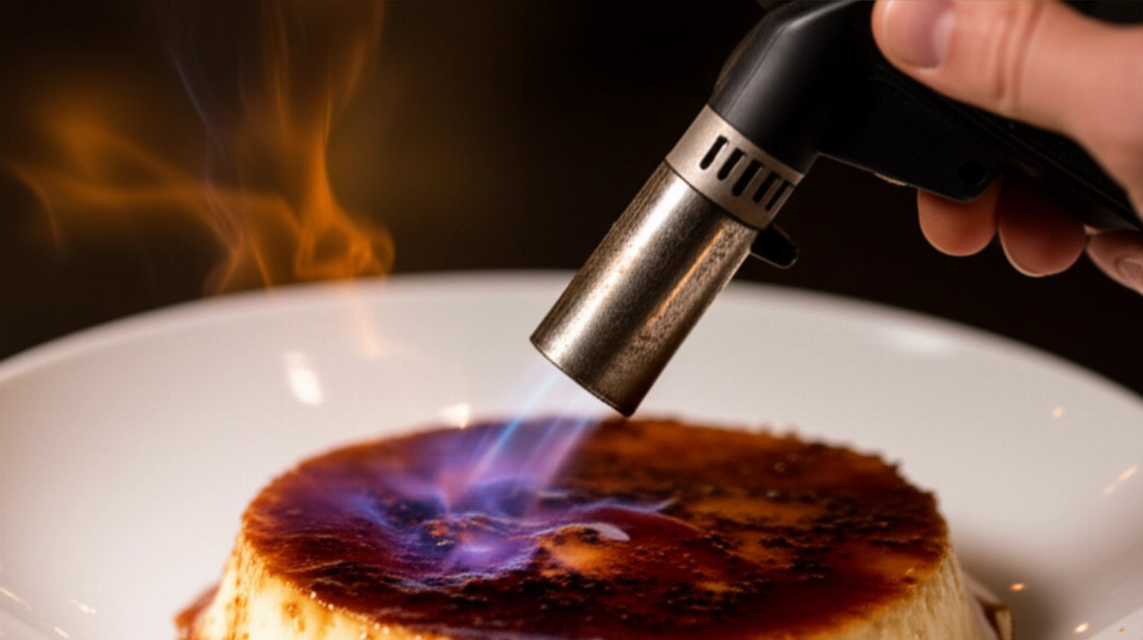 Escena hiperrealista de una mano caucásica caramelizando una Crema Catalana con un soplete de cocina, mostrando la costra dorada y el humo sutil.