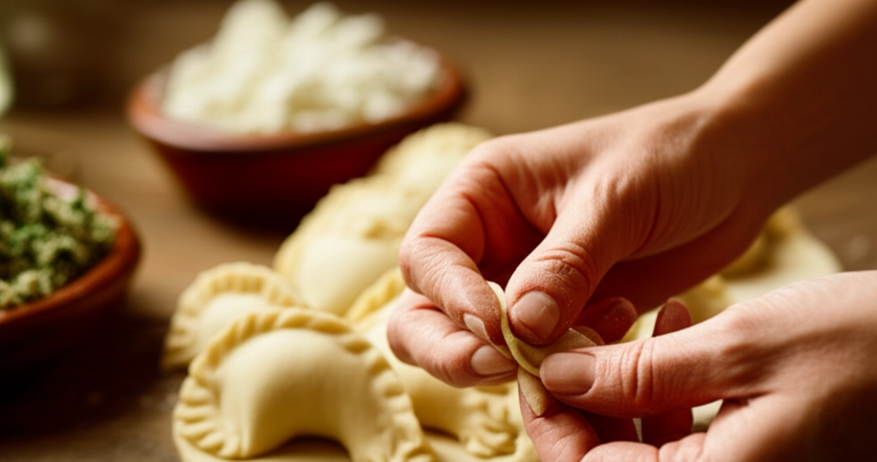 Primer plano de manos caucásicas cerrando un culurgiones con la técnica tradicional de la 'spighita' sobre una mesa de madera en una cocina rústica.