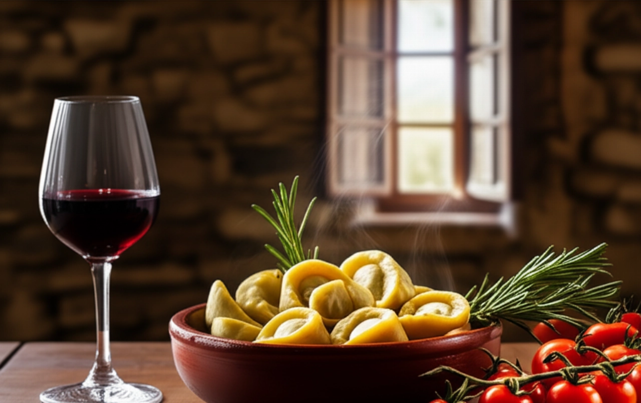 Escena hiperrealista de una mesa rústica con un tazón de culurgiones humeantes, tomates cherry, romero y una copa de vino tinto, con un fondo de pared de piedra sarda.