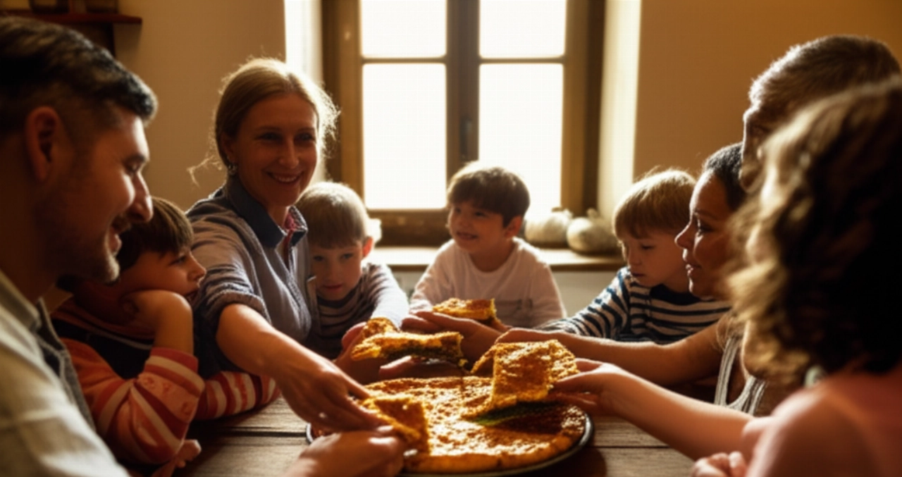 Familia caucásica reunida en una cocina tradicional italiana, compartiendo felizmente rebanadas de Erbazzone Reggiano.