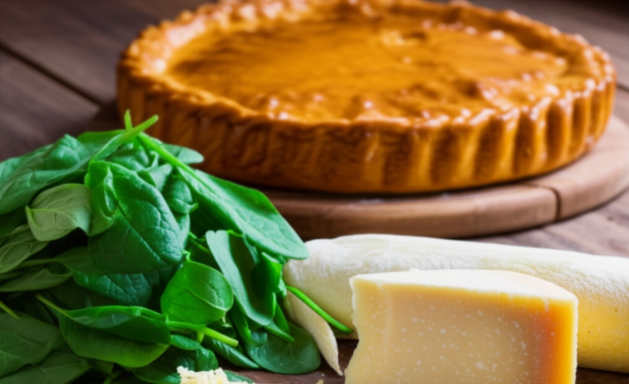 Composición hiperrealista con ingredientes frescos del Erbazzone Reggiano: espinacas, Parmigiano y masa, con un Erbazzone cocido al fondo.