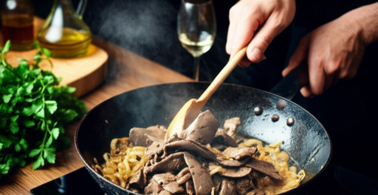 Mani di chef caucasico che cucinano Fegato alla Veneziana in una padella di ghisa, con vapore e luce calda in una cucina tradizionale italiana.