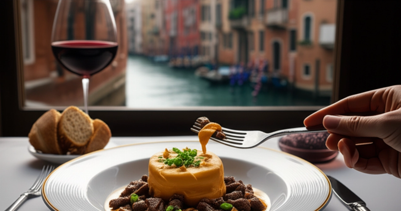 Scena iperrealistica di un tavolo in un ristorante veneziano con Fegato alla Veneziana, mano caucasica che si serve, e vista su un canale.