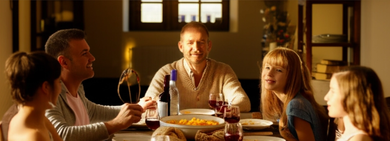Escena hiperrealista de una familia caucásica compartiendo una comida con Fileja, vino y pan, en un entorno rústico calabrés iluminado por la luz del atardecer.
