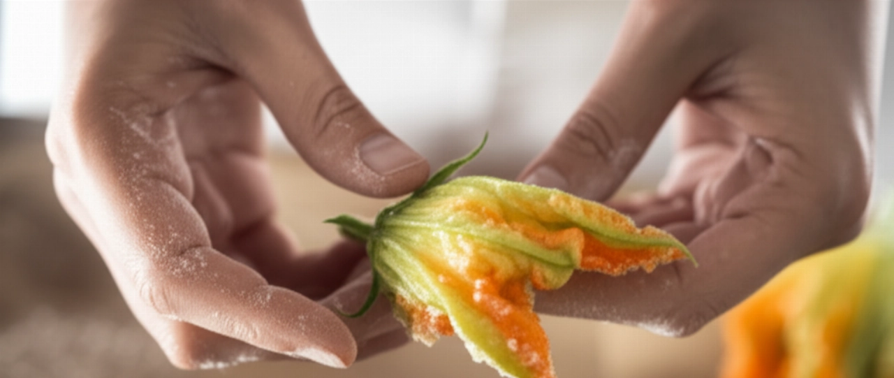 Manos de una mujer caucásica sosteniendo delicadamente una flor de calabacín frita recién preparada, con un fondo borroso de una cocina iluminada por luz natural.