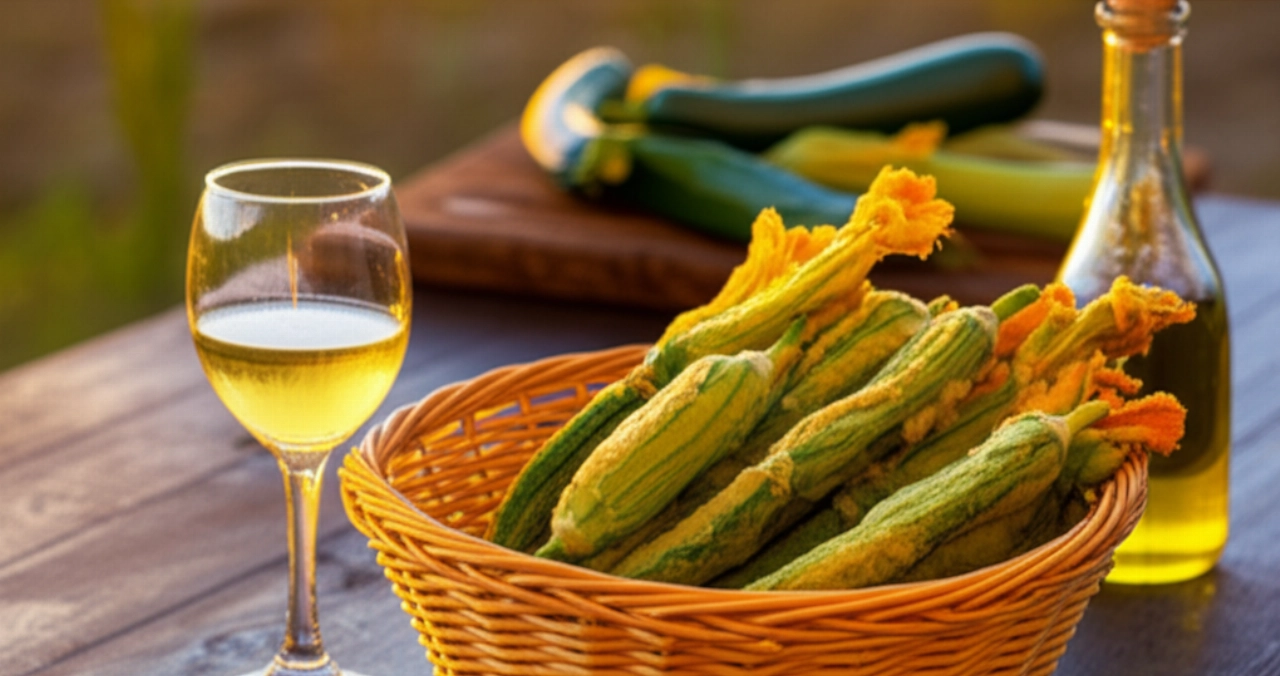 Bodegón hiperrealista de una escena de cena de verano con una cesta llena de flores de calabacín fritas, una copa de vino blanco e ingredientes frescos sobre una mesa de madera, iluminada por la luz del atardecer.