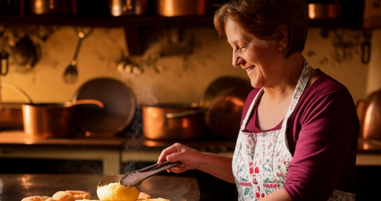 Una mujer caucásica sonriente, en una cocina veneciana tradicional, coloca una frittella veneciana recién frita sobre una rejilla.