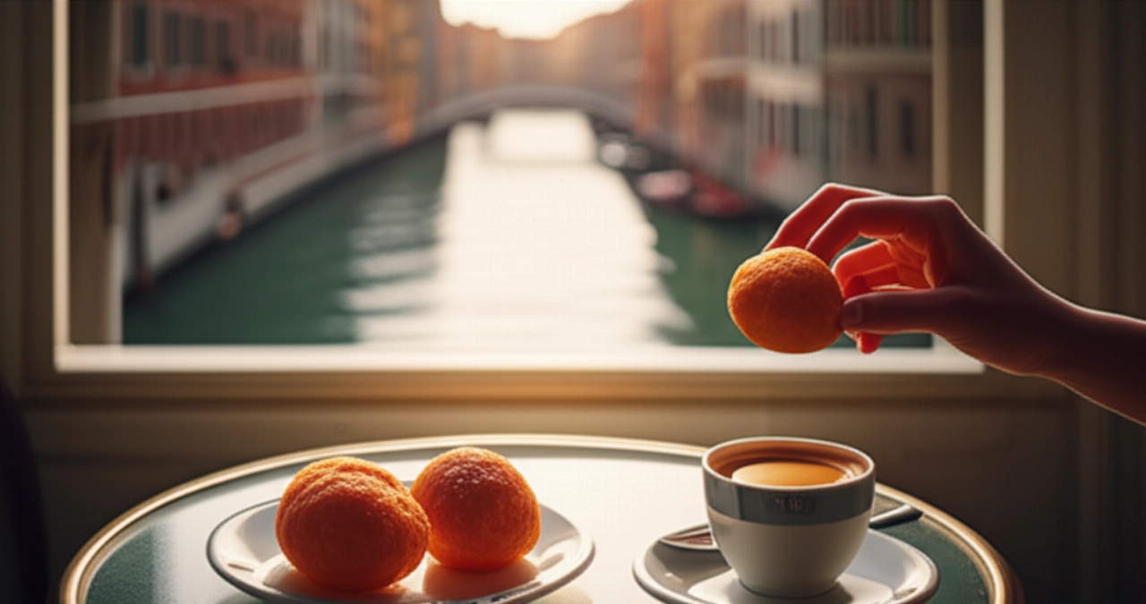 Una escena hiperrealista de fritole venecianas y café en una mesa de un café veneciano con vistas a un canal, con una mano extendiéndose hacia una frittella.