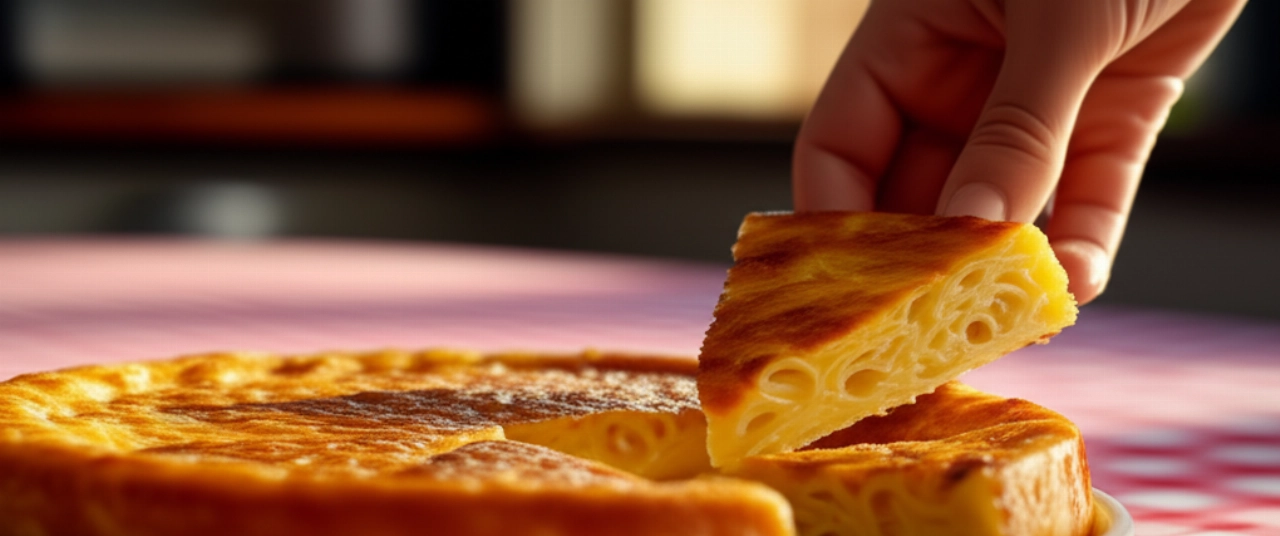 Una mano caucasica che prende una fetta di frittata di pasta da un piatto, in un primo piano cinematografico e iperrealistico su un tavolo da cucina accogliente.