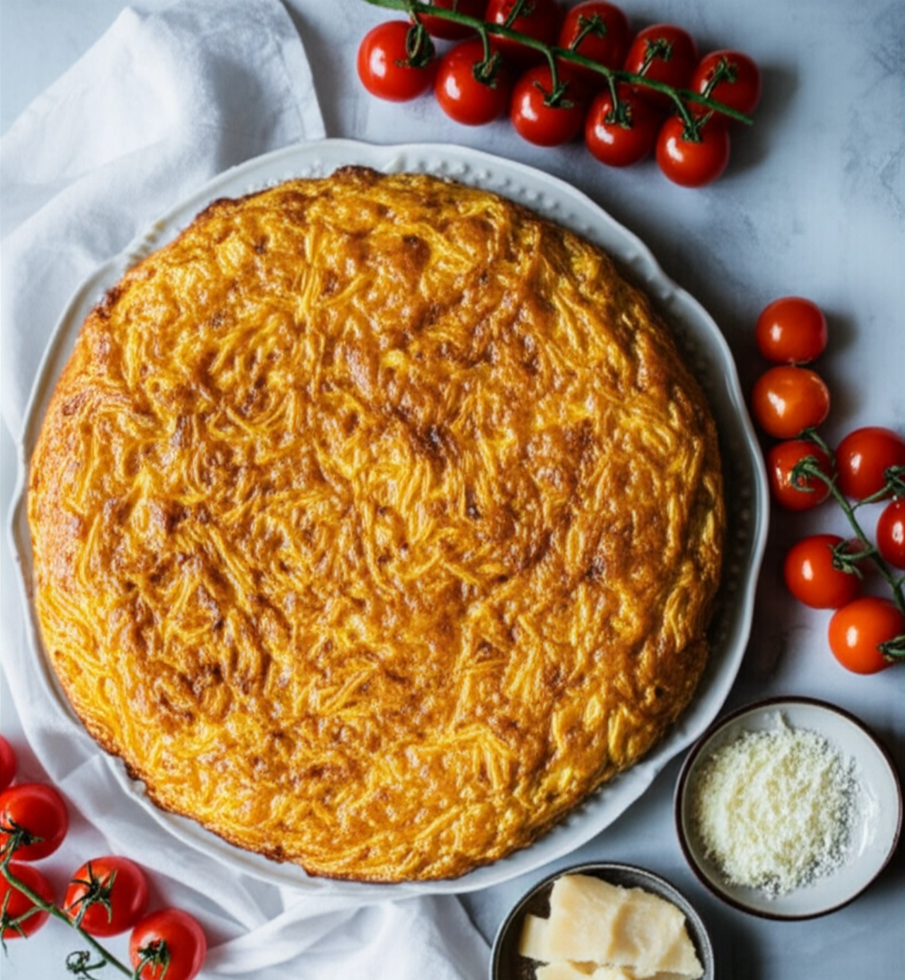 Una frittata di pasta intera e dorata su un grande piatto da portata bianco, circondata da pomodorini freschi e formaggio grattugiato, fotografata dall'alto con luce naturale diffusa.