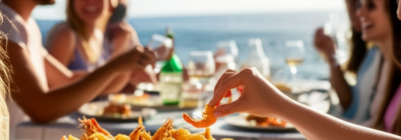 Escena hiperrealista de una trattoria mediterránea al aire libre con un gran plato de fritura de calamares y gambas en primer plano y personas caucásicas comiendo al fondo.