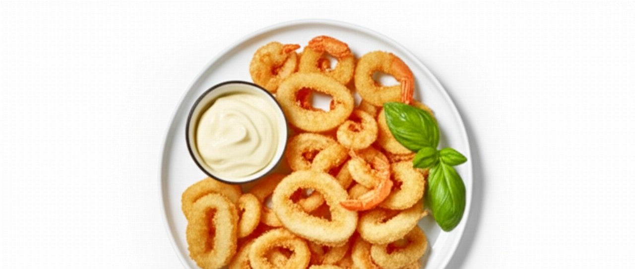 Imagen hiperrealista desde arriba de una porción gourmet de fritura de calamares y gambas en un plato blanco, con salsa y albahaca.