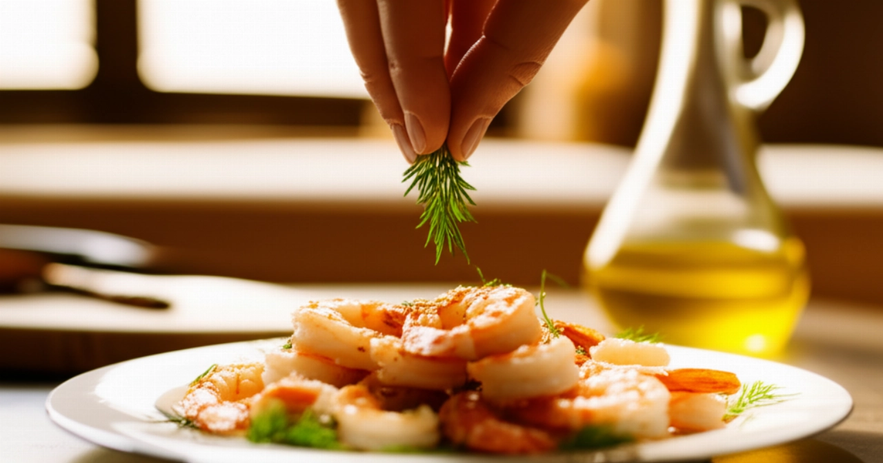 Escena hiperrealista de una mano caucásica adornando gambas al horno en un plato blanco con eneldo fresco, en una cocina iluminada naturalmente.