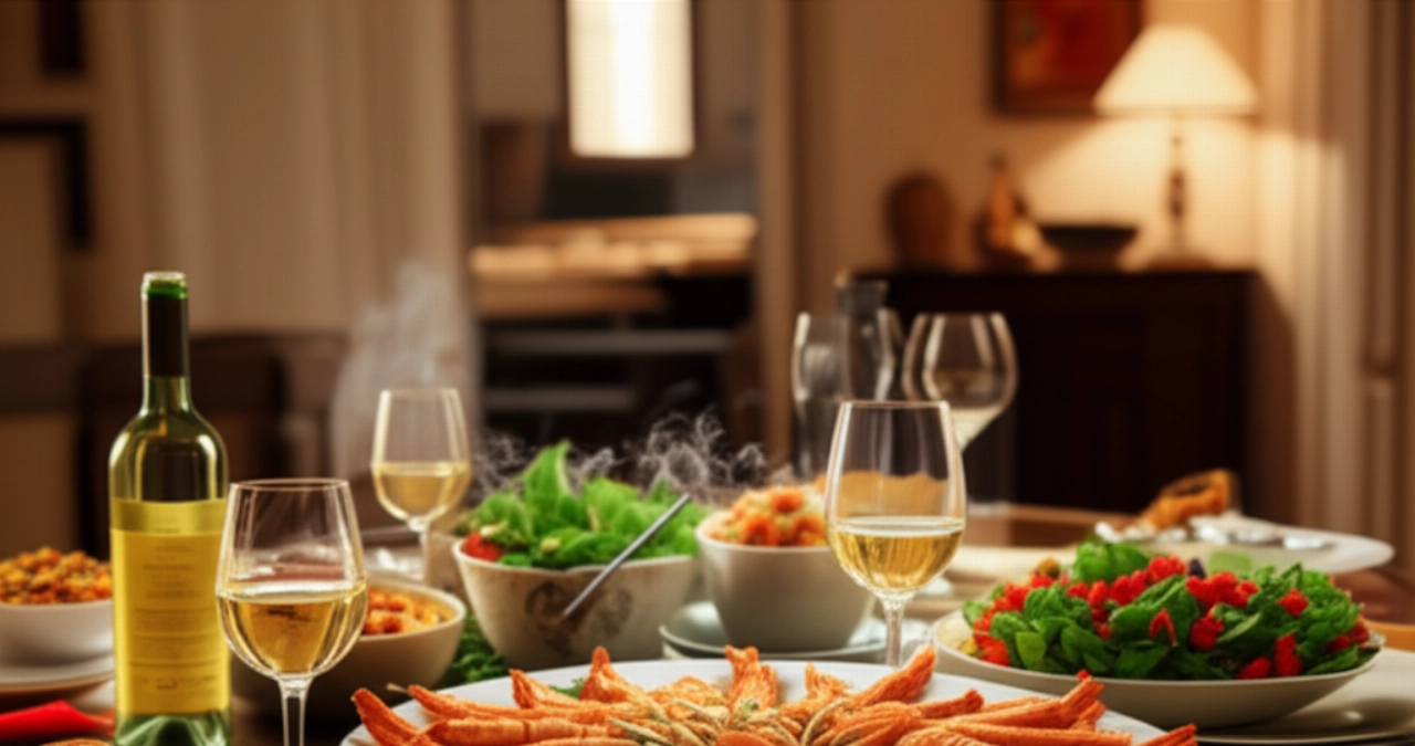 Mesa de comedor elegantemente puesta con un plato humeante de gambas al horno como pieza central, acompañado de vino blanco, pan artesanal y ensalada, en un ambiente acogedor.