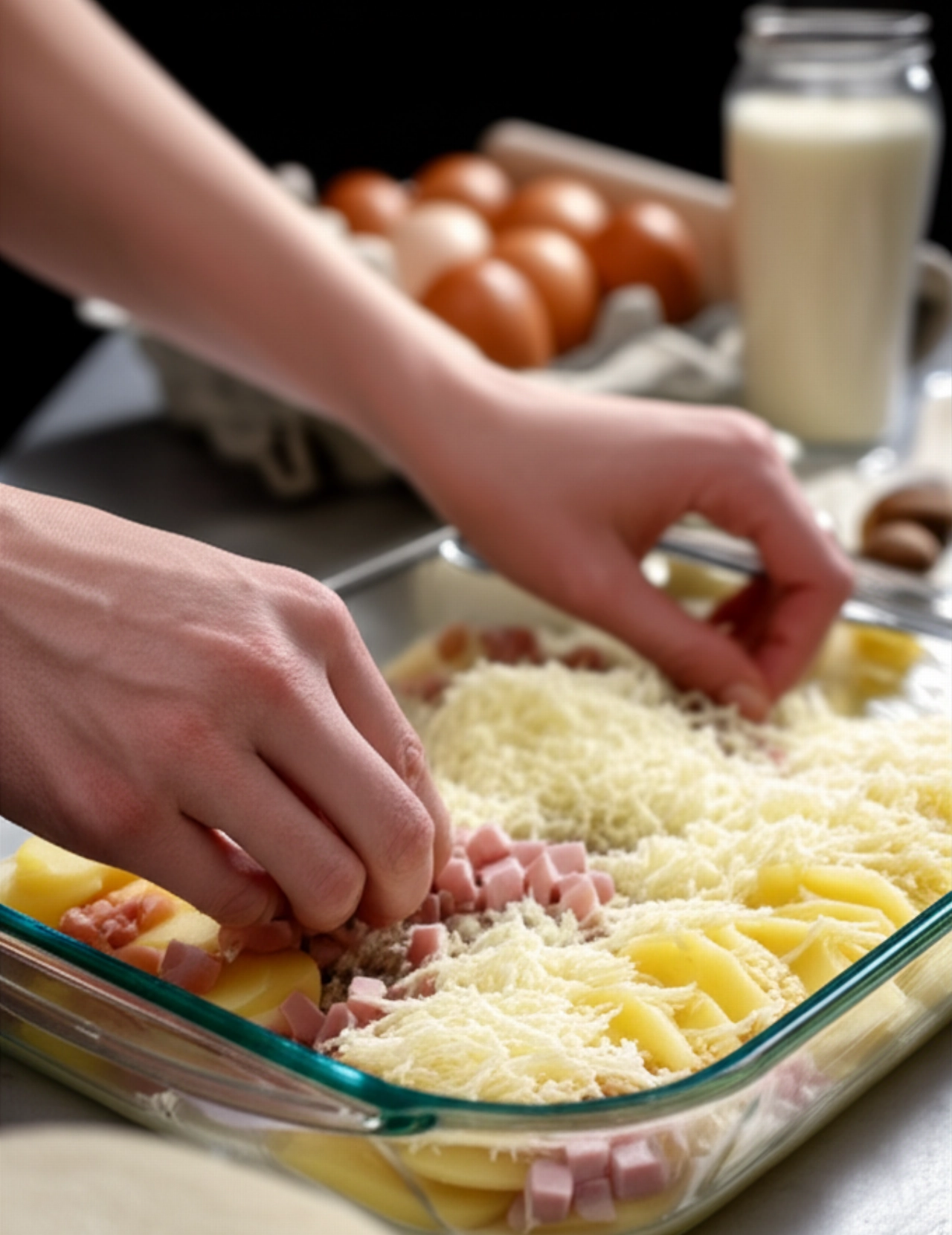Kaukasische Hände bereiten einen Kartoffelgratin zu, schichten Kartoffeln, Schinken und Käse in eine Glasauflaufform, mit frischen Zutaten im Hintergrund.