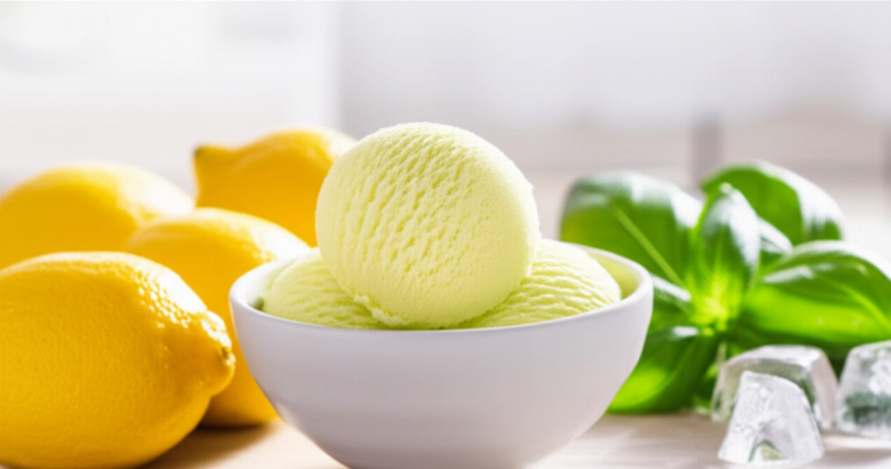 Composición hiperrealista de un cuenco de helado artesanal de limón y albahaca, flanqueado por limones frescos, hojas de albahaca y cubitos de hielo sobre una superficie de madera.