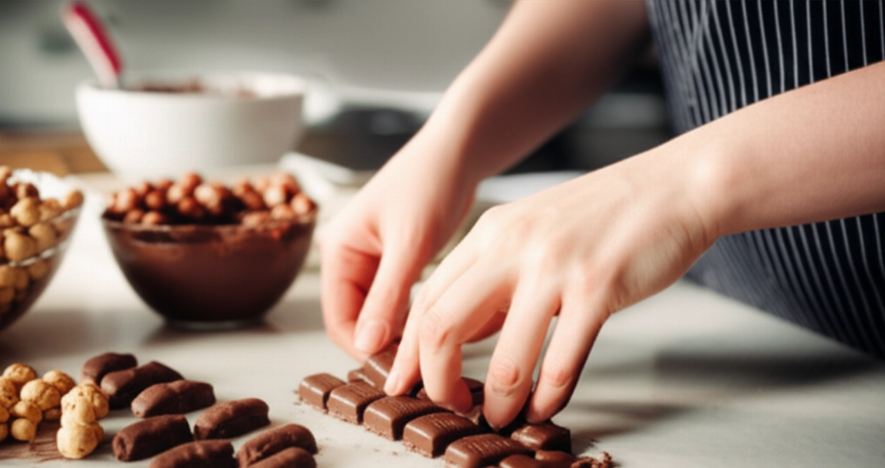 Mani caucasiche che modellano gianduiotti fatti in casa su un bancone da cucina, con ingredienti come nocciole e cioccolato sullo sfondo.