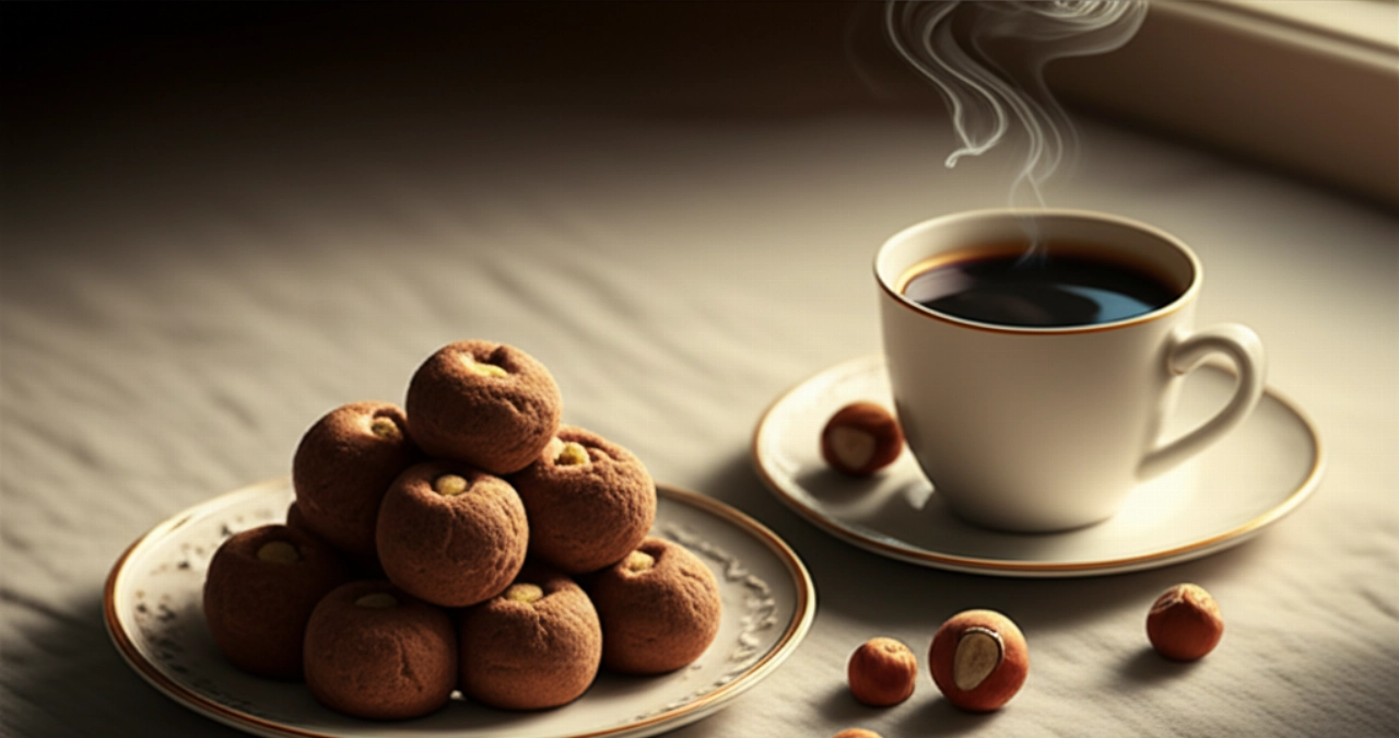 Piatto elegante di gianduiotti fatti in casa accanto a una tazza di caffè fumante, in un ambiente accogliente con luce calda.