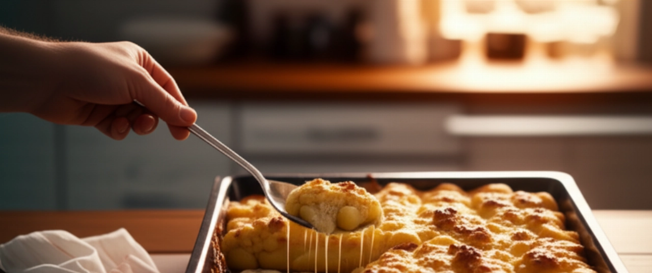 Baking dish of freshly baked Gnocchi alla Romana, with a Caucasian hand serving itself.