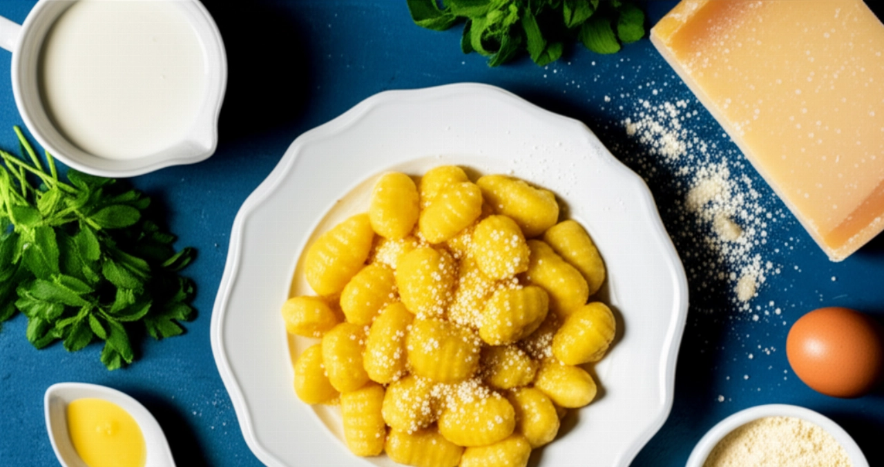 Hyperrealistic top-down view of Gnocchi alla Romana on a white plate, with fresh ingredients arranged around.