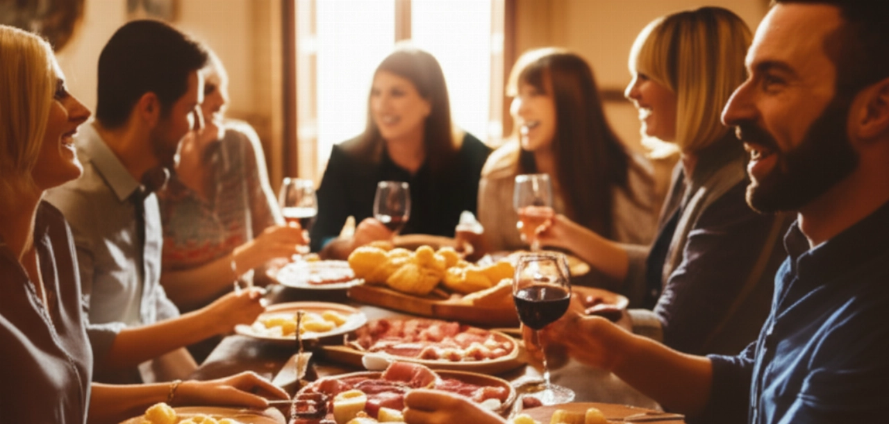 Groupe d'amis et de famille caucasiens partageant du gnocco fritto, de la charcuterie et des fromages dans une trattoria traditionnelle, avec une atmosphère joyeuse et conviviale.
