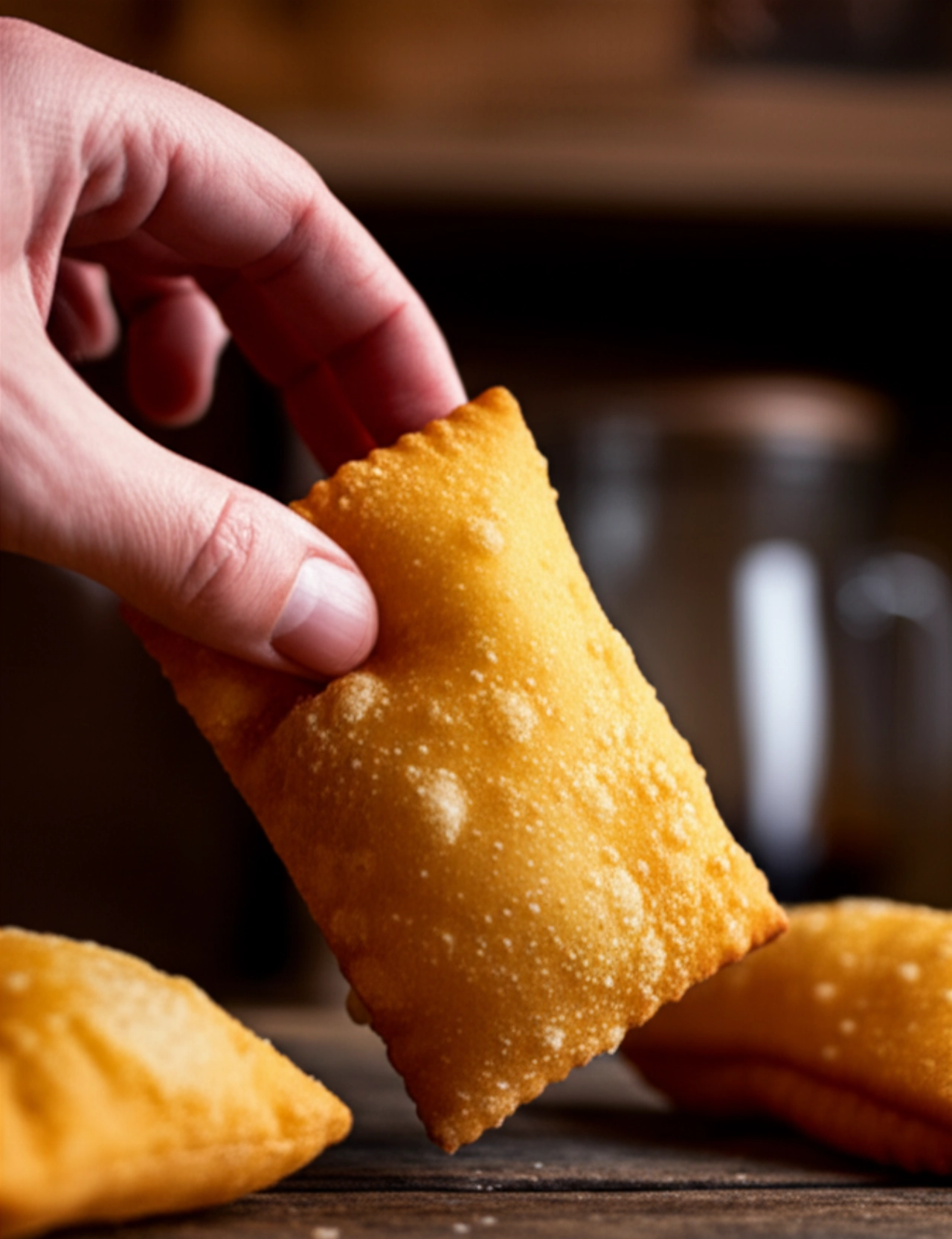 Gros plan hyperréaliste d'un seul morceau de gnocco fritto doré et croustillant, avec une main caucasienne sur le point de le prendre, sur un fond flou.
