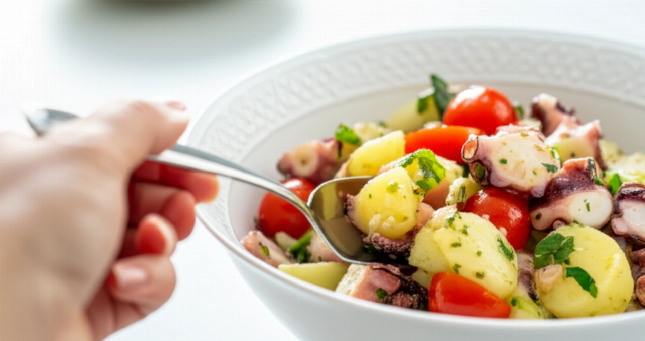 Mano caucásica sirviéndose una ensalada de pulpo y patatas de un elegante cuenco, con ingredientes frescos y vibrantes en una cocina luminosa.