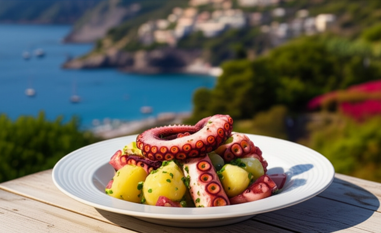 Ensalada de pulpo y patatas sobre una mesa de madera al aire libre, con un fondo difuminado de costa mediterránea o jardín soleado, bajo una luz cálida.