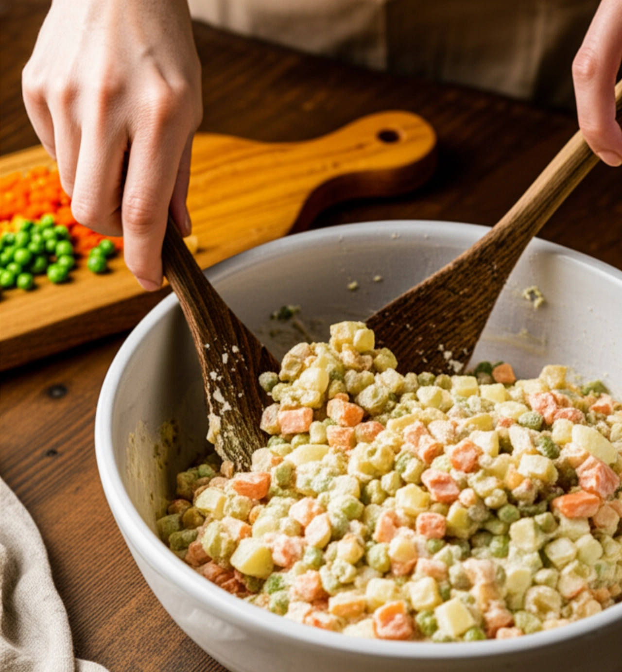 Scène hyperréaliste de mains caucasiennes mélangeant délicatement de la Salade Russe faite maison dans un bol en céramique, avec des ingrédients frais visibles sur une planche à découper en bois dans une cuisine rustique.
