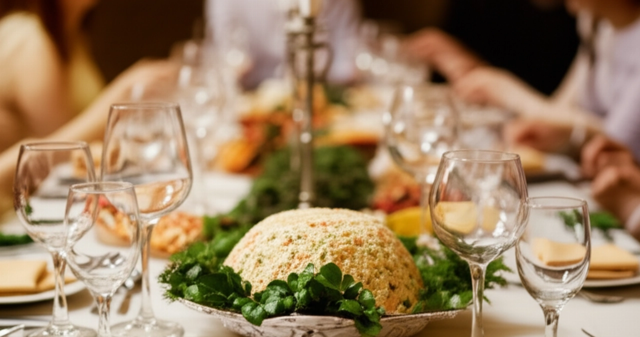 Vue hyperréaliste d'une table à manger élégante et festive, avec de la Salade Russe comme pièce maîtresse dans un plat de service décoratif, entourée de verres en cristal et de couverts en argent, avec des personnes caucasiennes floues en arrière-plan.