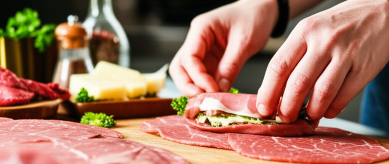 Primer plano hiperrealista de manos caucásicas preparando rollos de carne en una tabla de cortar de madera, mostrando los ingredientes frescos.