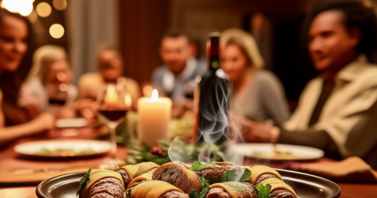 Escena hiperrealista de una mesa puesta con un plato humeante de rollos de carne, y una familia caucásica borrosa al fondo compartiendo la comida.