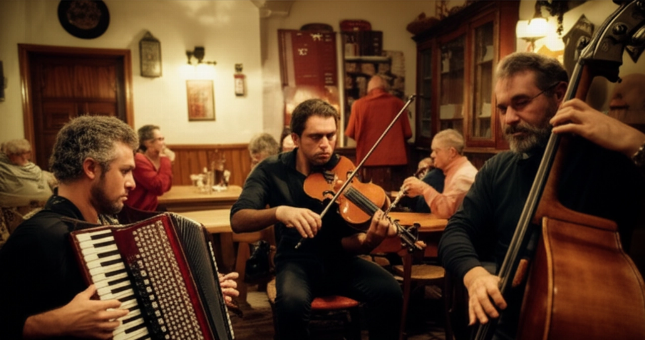 Musicisti caucasici suonano con passione fisarmonica, violino, clarinetto e contrabbasso in una calda osteria triestina, creando un'atmosfera intima e tradizionale per la Jota Triestina.