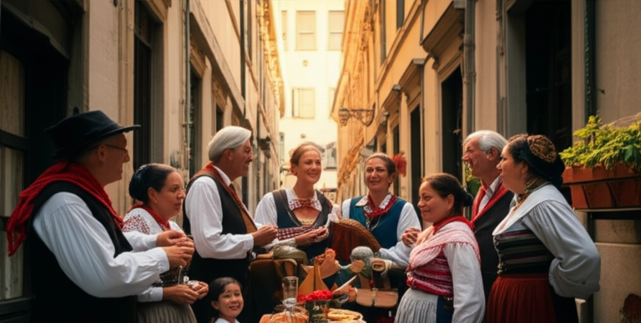 Una scena iperrealistica di una vivace strada triestina con un gruppo multigenerazionale di persone caucasiche che celebrano, con un'atmosfera gioiosa e dettagli autentici che richiamano la tradizione locale sotto una luce soffusa del tardo pomeriggio.