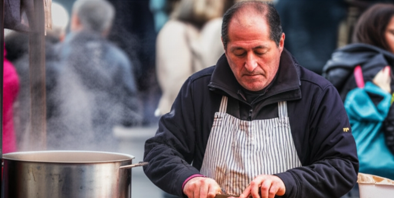 Venditore caucasico esperto che affetta con cura il lampredotto su un tagliere di legno, con vapore che sale dalla pentola, in un'atmosfera di mercato fiorentino.