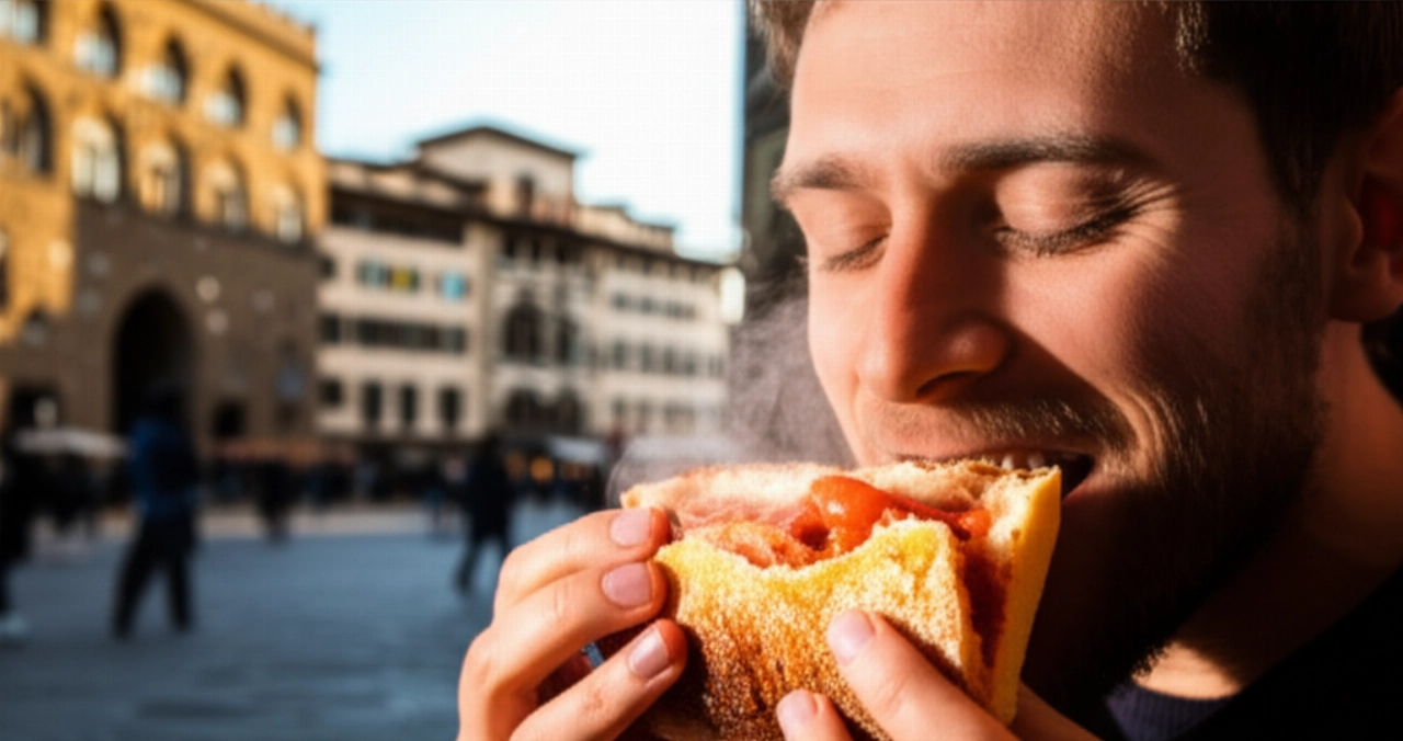 Ritratto iperrealistico di una persona caucasica che addenta con gusto un panino al lampredotto, con vapore visibile e lo sfondo sfocato di una piazza fiorentina al tramonto.